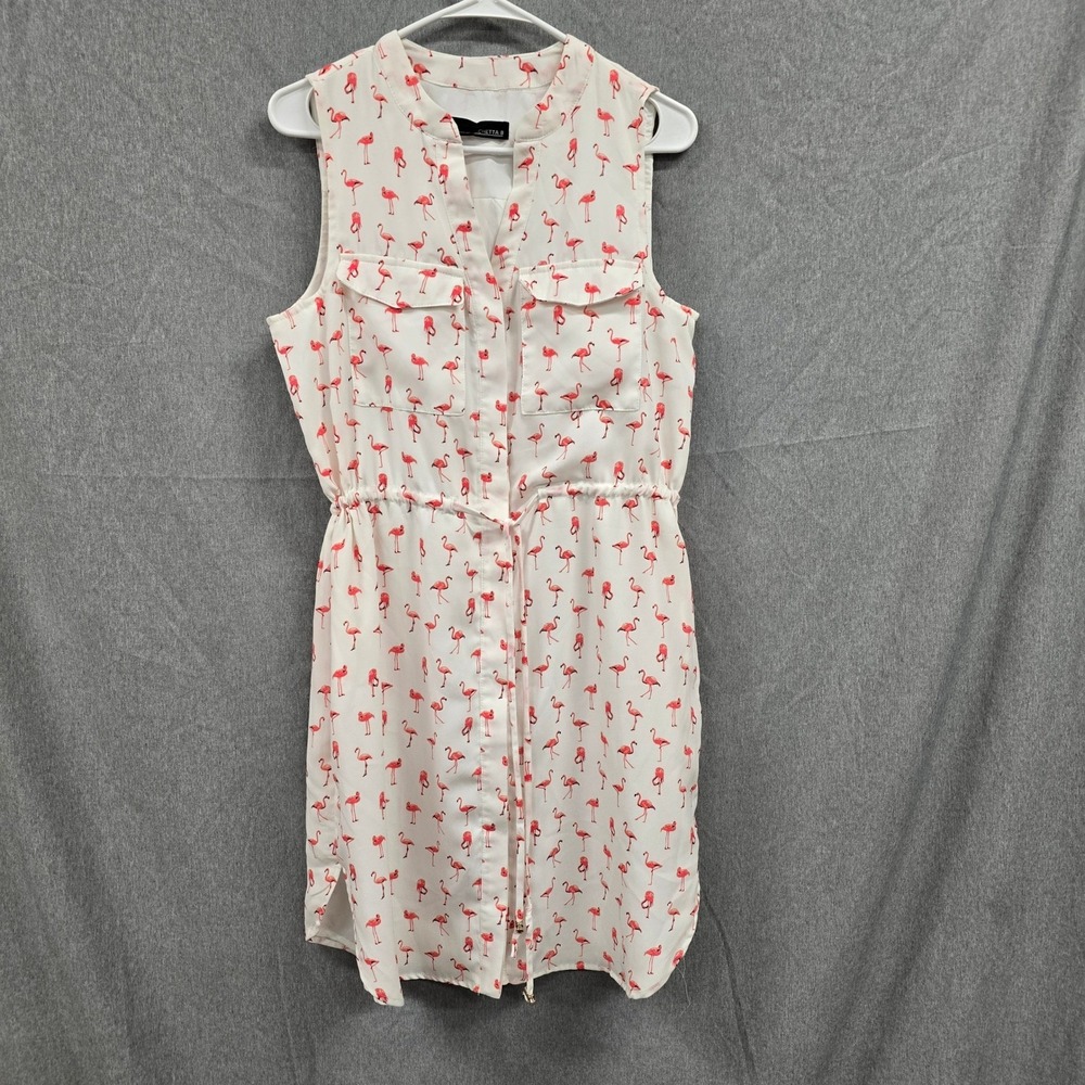 Chetta B Flamingo Print Sleeveless Drawstring Shirt Dress White Pink Size 8